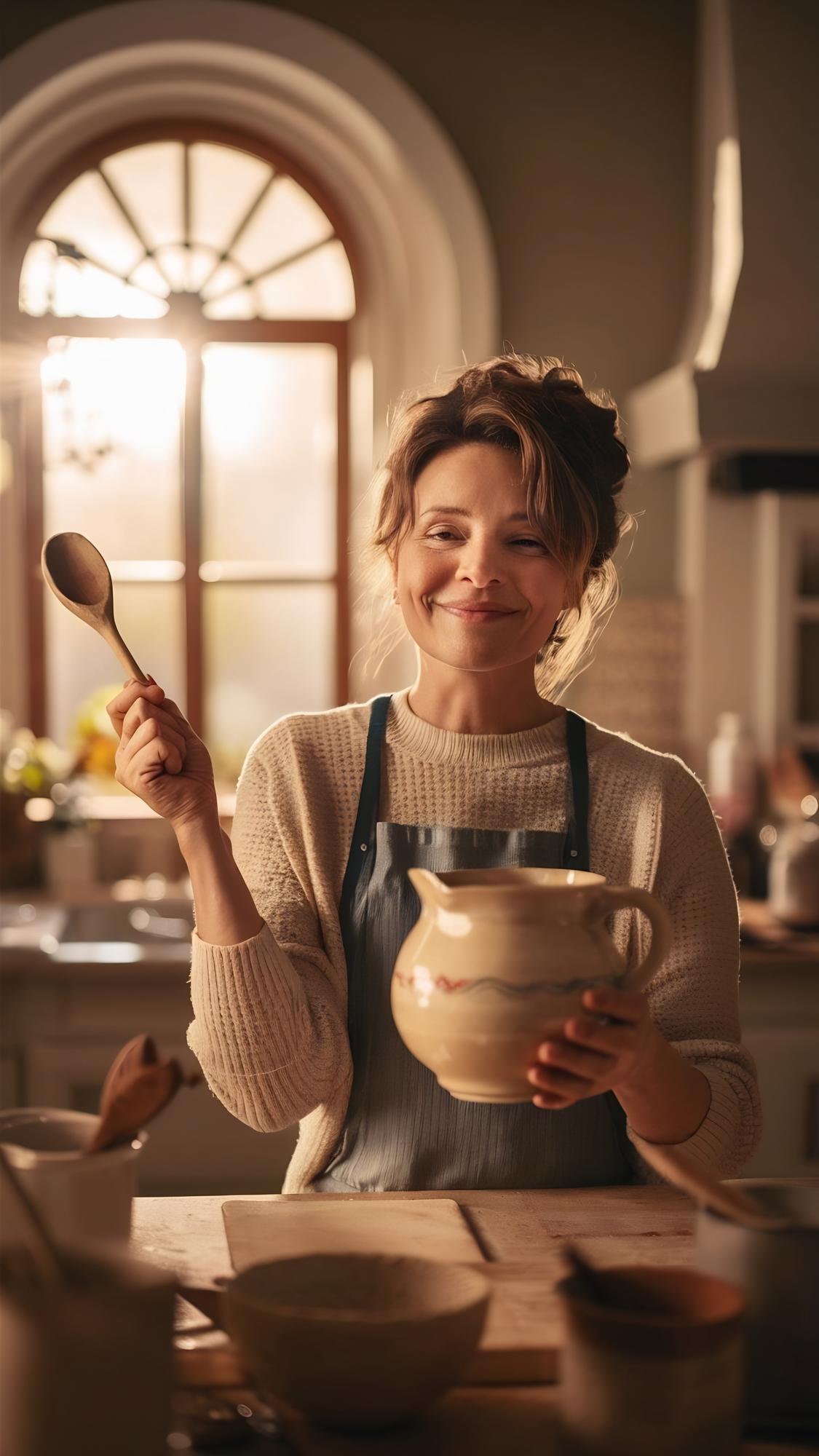 Founder in kitchen workshop holding a wooden spoon